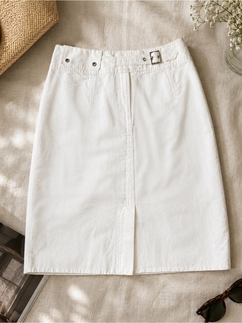 Perry Ellis White Ramie Cotton Pencil Skirt Buckle Waist Size 10 - Picture 1 of 5